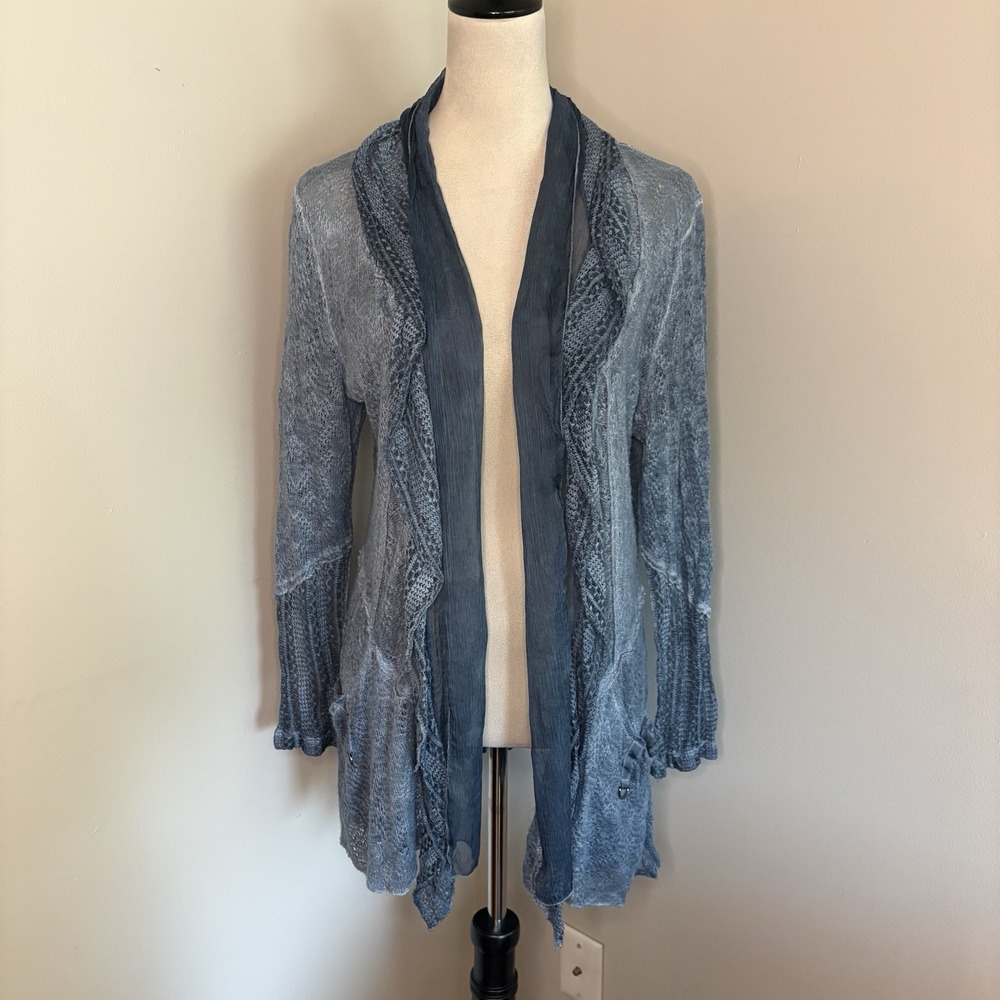 VTG Ania A Boho Cardigan Sweater Medium M Blue Mixed Media Lagenlook Open Front